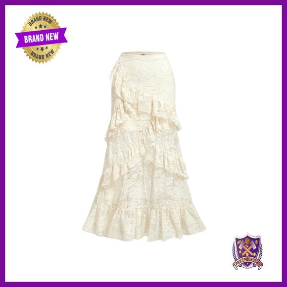 Y2K Lace Maxi Skirt High Waist A-Line Ruffle Hem Elastic Waist